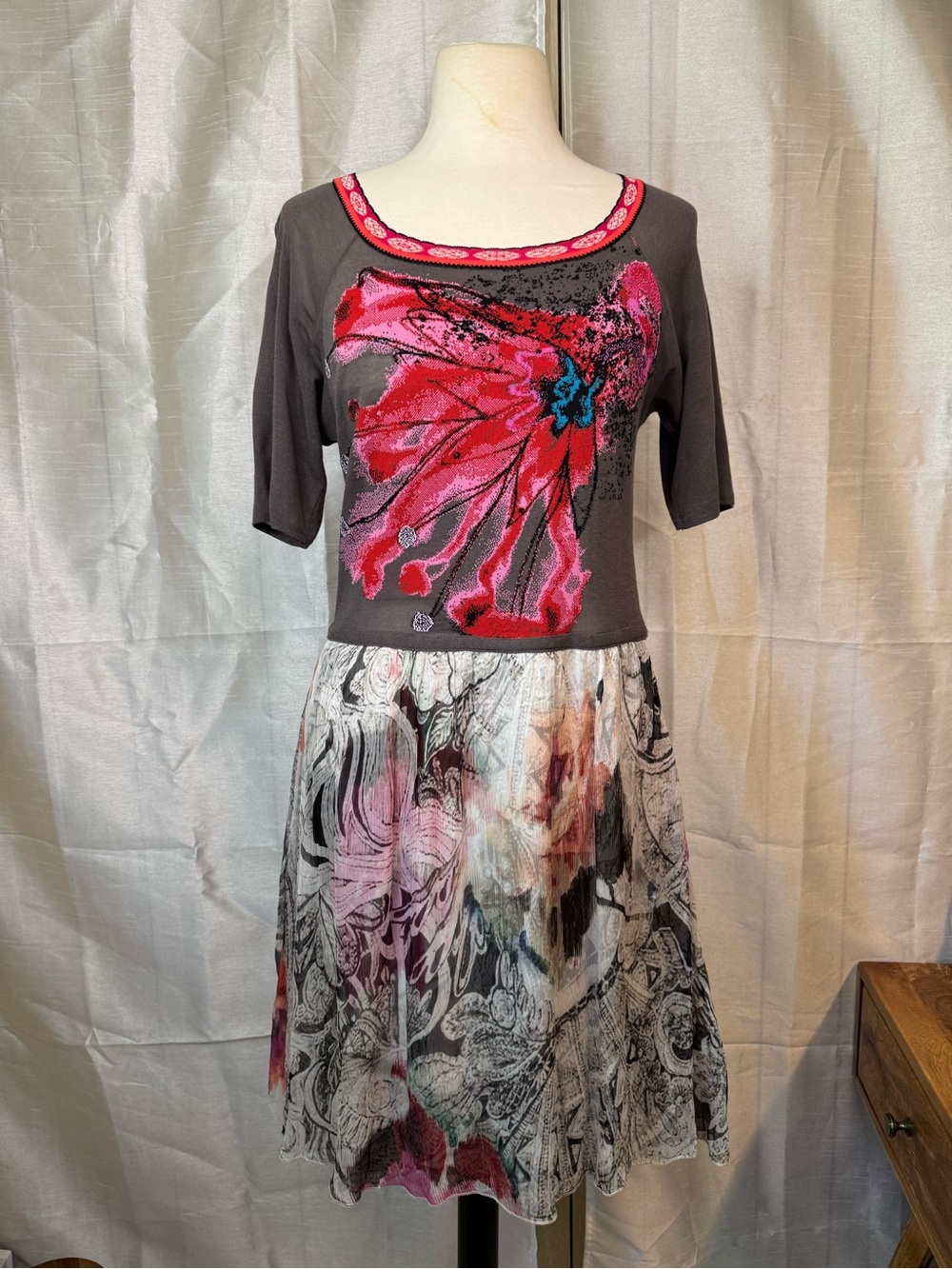Aldo Martins Charcoal and Fuchsia Floral Midi Dress